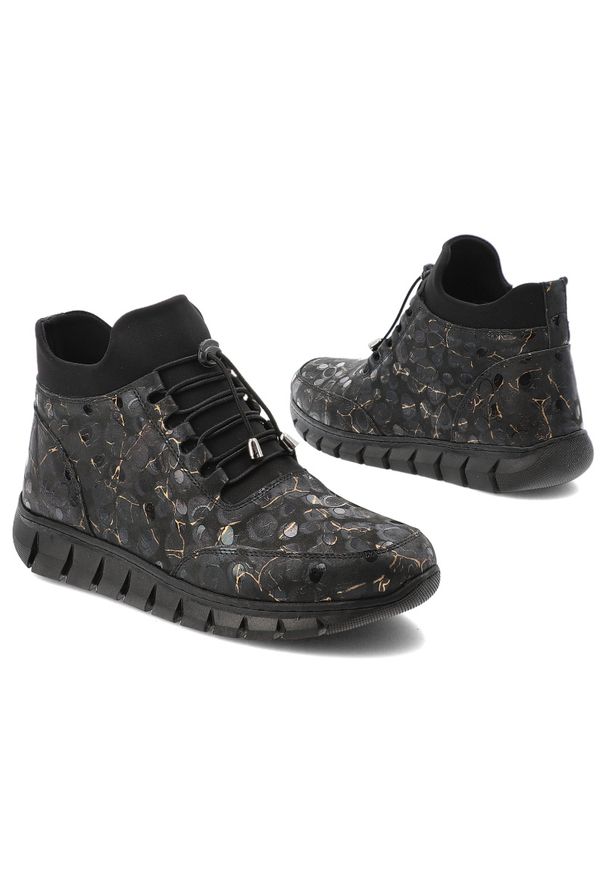 Czarne Botki Artiker Wygodne Obuwie Damskie. Okazja: na co dzień. Kolor: czarny. Materiał: skóra. Szerokość cholewki: normalna. Wzór: nadruk. Styl: casual, sportowy