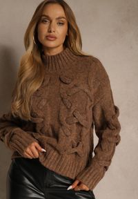 Renee - Brązowy Golf z Dodatkiem Wełny ze Strukturalnym Splotem Fedansa. Okazja: na co dzień. Typ kołnierza: golf. Kolor: brązowy. Materiał: wełna. Długość: długie. Wzór: ze splotem. Styl: casual, klasyczny #5