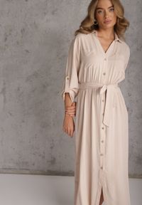 Renee - Jasnobeżowa Koszulowa Sukienka Utility z Bawełny z Wiązanym Paskiem w Talii Retona. Okazja: na co dzień. Kolor: beżowy. Materiał: bawełna. Sezon: lato. Typ sukienki: koszulowe. Styl: boho, glamour, casual #7
