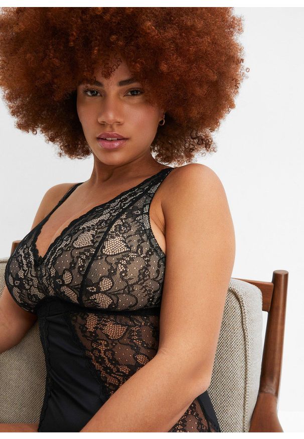 bonprix - Body bez fiszbinów z delikatną koronką. Kolor: czarny. Materiał: koronka. Wzór: koronka