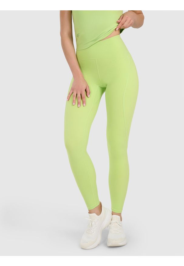 4f - 4F Legginsy treningowe szybkoschnące damskie - zielone XS. Stan: podwyższony. Kolor: zielony. Materiał: dzianina, materiał, syntetyk, włókno, elastan. Wzór: gładki, ze splotem. Sport: fitness
