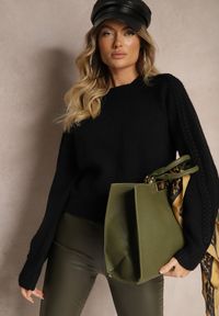 Renee - Czarny Sweter z Wiskozą i Splotem w Stylu Warkocz z Półgolfem Sinithia. Kolor: czarny. Materiał: wiskoza. Wzór: ze splotem. Sezon: zima