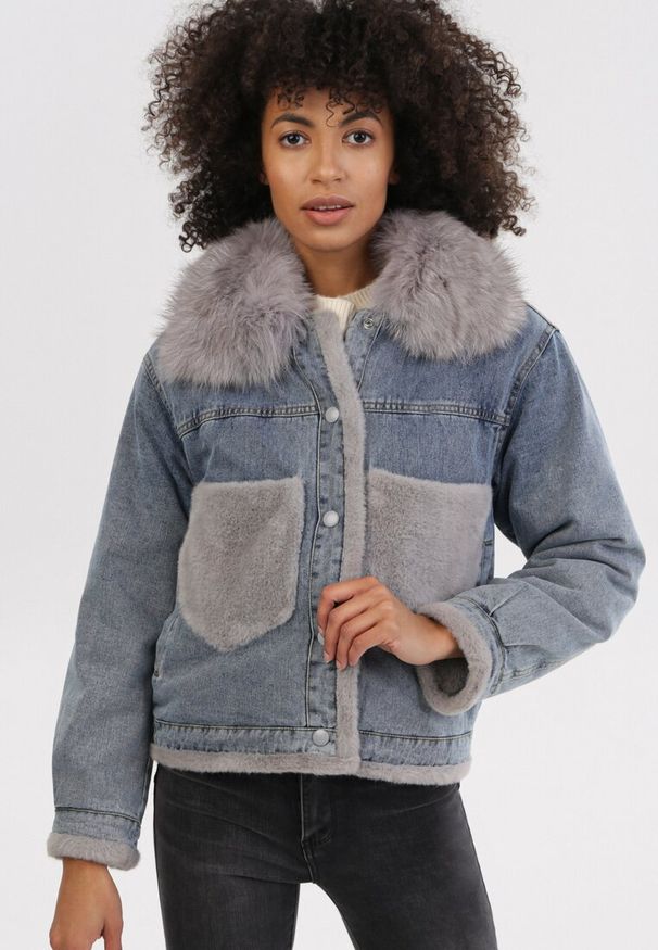 Born2be - Niebieska Kurtka Daeigina. Okazja: na co dzień. Kolor: niebieski. Materiał: futro, jeans, materiał. Długość rękawa: długi rękaw. Długość: długie. Styl: casual