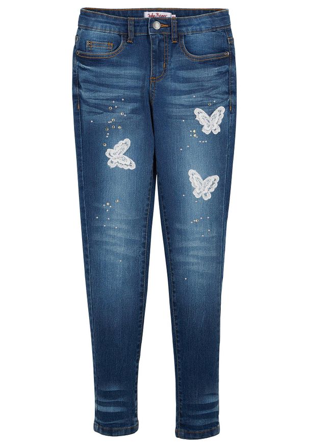 bonprix - Dżinsy SKINNY. Kolor: niebieski. Wzór: aplikacja