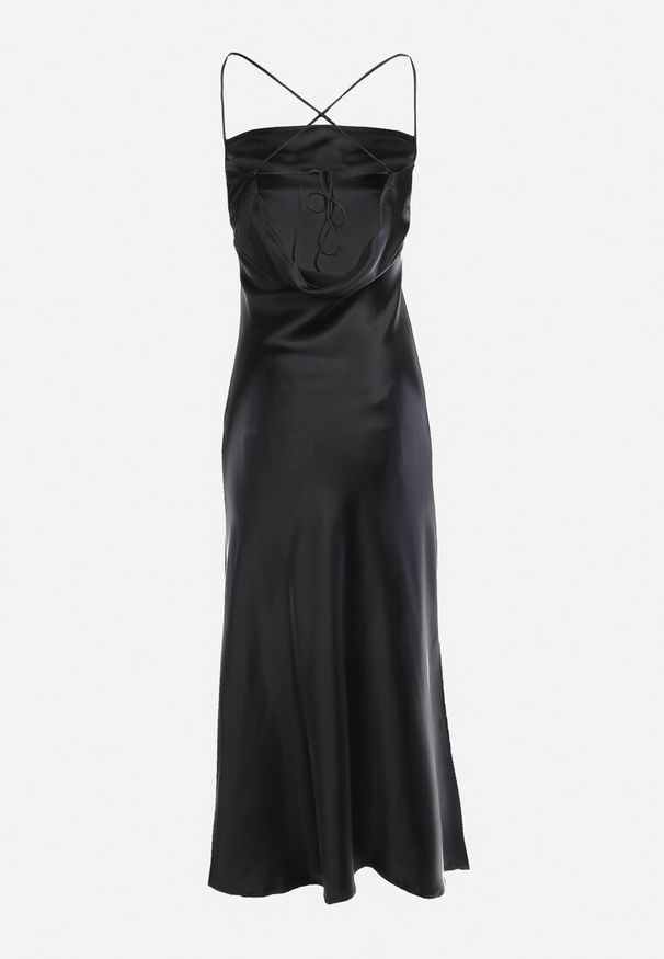 Born2be - Czarna Sukienka Satynowa Chrentizo. Kolor: czarny. Materiał: satyna. Długość rękawa: na ramiączkach. Wzór: gładki. Styl: wizytowy. Długość: maxi