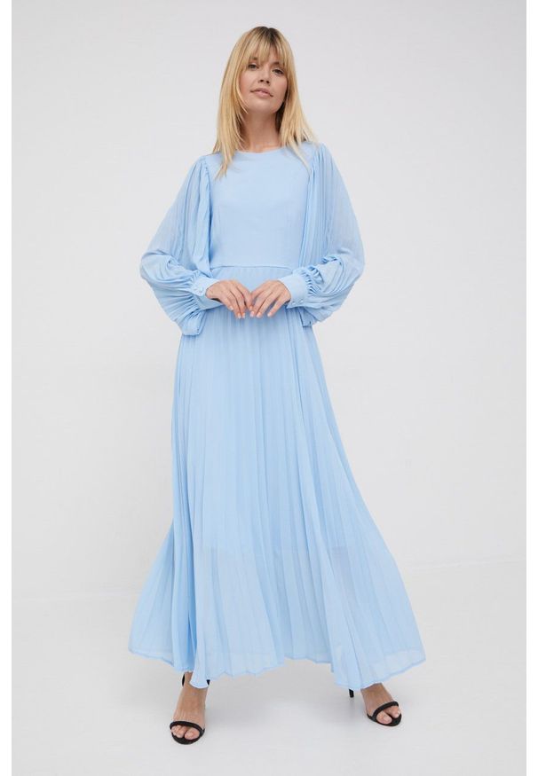 Vero Moda sukienka Rina maxi rozkloszowana. Kolor: niebieski. Długość rękawa: długi rękaw. Typ sukienki: rozkloszowane, plisowane. Długość: maxi