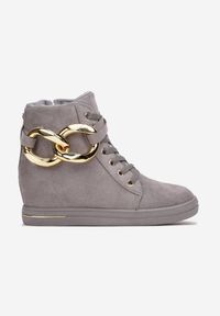 Renee - Szare Botki na Ukrytym Koturnie z Łańcuchem Mavenro. Kolor: szary. Materiał: jeans, skóra. Szerokość cholewki: normalna. Obcas: na koturnie. Styl: elegancki #4