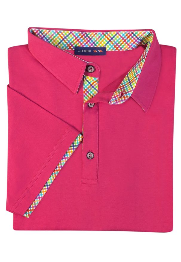 Lanieri Fashion - Męska koszulka polo - róż KP5. Typ kołnierza: polo. Kolor: różowy. Materiał: bawełna, materiał. Długość: krótkie. Wzór: kolorowy, kratka
