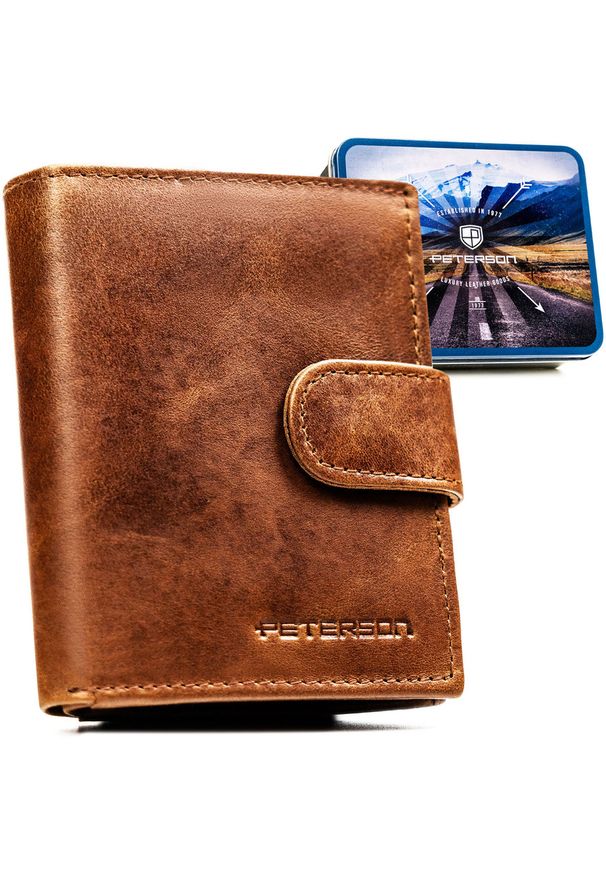Jasnobrązowy portfel męski ze skóry naturalnej wyposażony w system RFID, zamykany zatrzaskiem - Peterson. Kolor: brązowy. Materiał: skóra