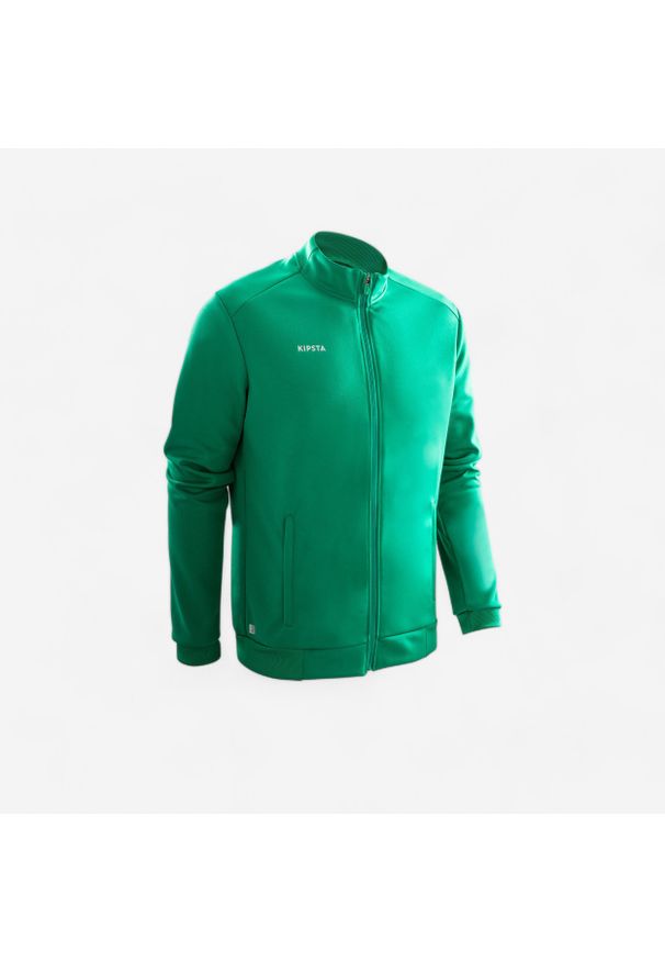 KIPSTA - Bluza piłkarska treningowa Kipsta Essential. Typ kołnierza: komin. Kolor: zielony. Materiał: tkanina, materiał, elastan, poliester, prążkowany. Sport: piłka nożna