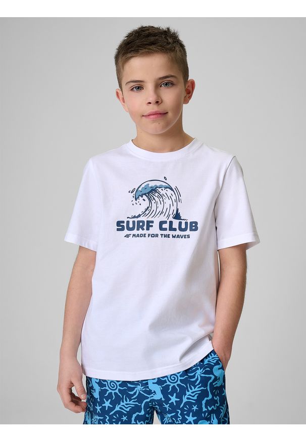 4f - 4F T-shirt regular z nadrukiem chłopięcy - biały 152 (11-12 lat). Okazja: na co dzień. Kolor: biały. Materiał: bawełna, dzianina. Wzór: nadruk. Sezon: lato. Styl: casual