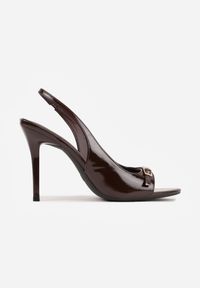 Renee - Brązowe Sandały Lakierowane VICES na Szpilce Slingback z Metaliczną Klamrą Harmonia. Zapięcie: klamry. Kolor: brązowy. Materiał: lakier. Obcas: na szpilce. Styl: glamour, elegancki #2