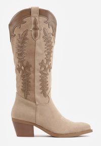 Renee - Ciemnobeżowe Kozaki Kowbojki na Stożku z Ozdobnymi Przeszyciami w Stylu Western Nulia. Okazja: na co dzień. Kolor: beżowy. Materiał: jeans. Wzór: aplikacja. Obcas: na stożku. Styl: casual. Wysokość obcasa: średni #2