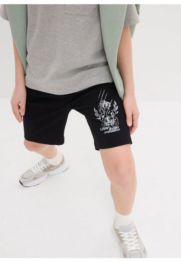 bonprix - Bermudy z dżerseju z bawełny organicznej (2 pary). Kolor: czarny. Materiał: jersey, bawełna. Długość: krótkie. Wzór: nadruk