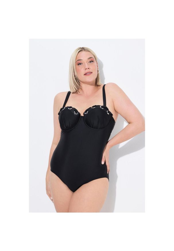 ULLA POPKEN - Damski Strój kąpielowy kółeczka miękki miseczki regulowane ramiączka. Kolekcja: plus size. Kolor: czarny. Materiał: elastan, poliamid, materiał