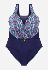 Born2be - Granatowy Kopertowy Strój Kąpielowy Jednoczęściowy z Siateczką i Paskiem Raera. Kolor: niebieski. Materiał: len #5