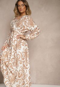 Renee - Jasnobeżowa Sukienka z Wiskozą o Rozkloszowanym Kroju w Abstrakcyjny Print Ridirinda. Kolor: beżowy. Materiał: wiskoza. Wzór: nadruk #5