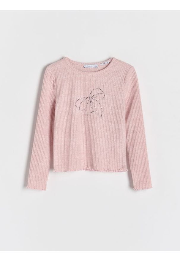 Reserved - Prążkowana koszulka z aplikacją - brudny róż. Kolor: różowy. Materiał: prążkowany. Wzór: aplikacja