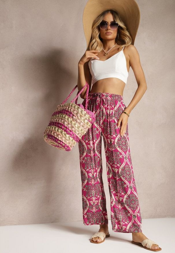 Renee - Fuksjowe Wiskozowe Spodnie Boho High Waist z Szerokimi Nogawkami i Gumką w Talii Tiamarra. Stan: podwyższony. Kolor: różowy. Materiał: wiskoza. Sezon: lato. Styl: boho