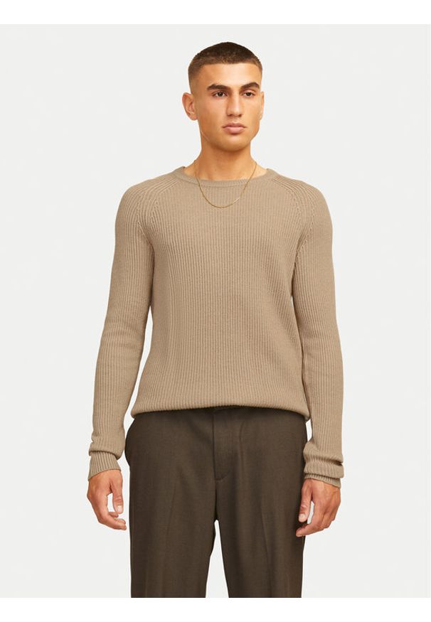 Jack & Jones - Jack&Jones Sweter Pannel 12258471 Beżowy Regular Fit. Kolor: beżowy. Materiał: syntetyk