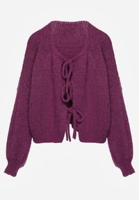 Renee - Fioletowy Kardigan z Wełną o Kroju Oversize z Wiązanymi Kokardami Elearina. Okazja: na co dzień. Typ kołnierza: kokarda. Kolor: fioletowy. Materiał: wełna. Styl: casual, street, elegancki #6