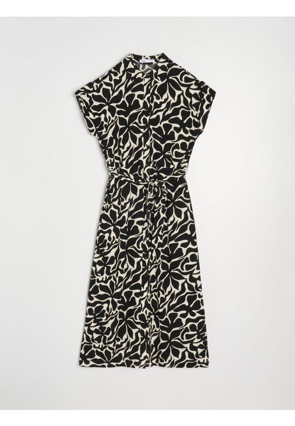 Sinsay - Wiskozowa sukienka midi w kwiaty - czarny. Kolor: czarny. Materiał: wiskoza. Wzór: kwiaty. Długość: midi