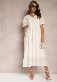 Renee - Beżowa Rozkloszowana Sukienka Haftowana Maxi z Krótkim Rękawem Garneta. Kolor: beżowy. Materiał: materiał, tkanina. Długość rękawa: krótki rękaw. Wzór: haft. Długość: maxi #5