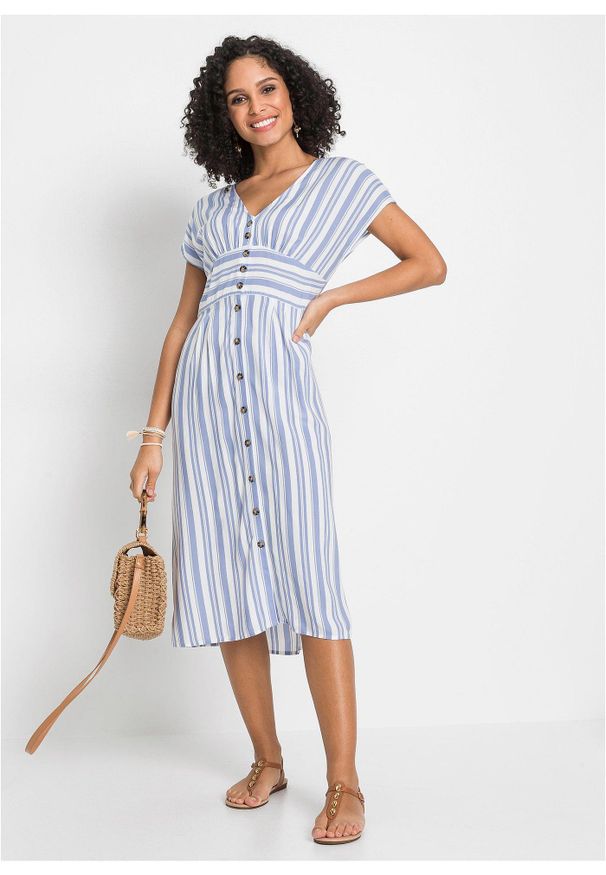 bonprix - Sukienka ze zrównoważonej wiskozy. Kolor: fioletowy. Materiał: wiskoza. Wzór: nadruk, paski. Sezon: lato