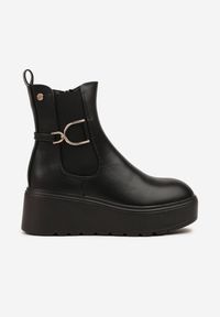 Born2be - Czarne Botki Vices Typu Sztyblety na Kotunie z Metaliczną Ozdobą Faliora. Okazja: na co dzień. Kolor: czarny. Materiał: jeans, skóra. Wzór: aplikacja. Styl: klasyczny, casual, elegancki #5