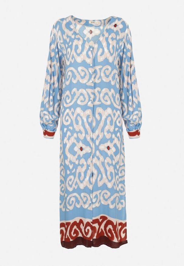 Born2be - Niebieska Koszulowa Sukienka Maxi z Guzikami i Rozcięciami po Bokach Okotria. Okazja: na co dzień. Typ kołnierza: dekolt w serek. Kolor: niebieski. Materiał: tkanina. Długość rękawa: długi rękaw. Typ sukienki: koszulowe. Styl: elegancki, casual. Długość: maxi