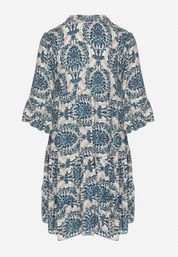 Born2be - Granatowo-Beżowa Rozkloszowana Sukienka z Bawełny z Falbanami w Ornamentalny Wzór Lanoreth. Okazja: na co dzień, na spacer. Typ kołnierza: dekolt w serek. Kolor: niebieski. Materiał: bawełna. Typ sukienki: rozkloszowane, proste. Styl: casual, klasyczny