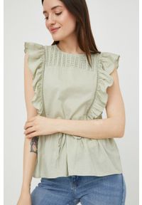 Vero Moda bluzka bawełniana damska kolor zielony gładka. Okazja: na co dzień. Kolor: zielony. Materiał: bawełna. Długość rękawa: na ramiączkach. Wzór: gładki. Styl: casual