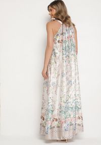 Born2be - Biała Satynowa Sukienka w Kwiaty z Ozdobnym Wiązaniem Fenasella. Okazja: na co dzień. Kolor: biały. Materiał: satyna. Wzór: kwiaty. Typ sukienki: proste. Styl: elegancki, casual, klasyczny, wizytowy #6