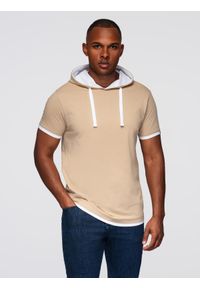 Ombre Clothing - Męski t-shirt bawełniany z kapturem – beżowy V5 - Rozmiar: L. Okazja: na co dzień. Typ kołnierza: kaptur. Kolor: beżowy. Materiał: bawełna. Styl: klasyczny, casual, elegancki
