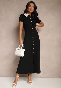 Renee - Czarna Wiskozowa Sukienka Rozkloszowana Retro z Guzikami i Kołnierzem Ardival. Okazja: na co dzień, na spacer. Kolor: czarny. Materiał: wiskoza. Wzór: aplikacja, ażurowy. Typ sukienki: proste, rozkloszowane. Styl: retro