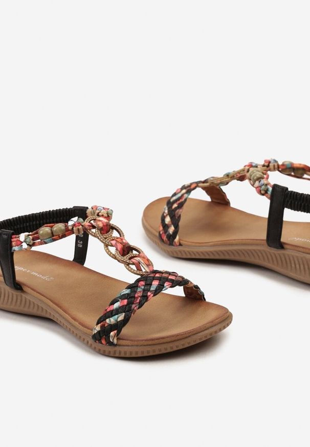 Born2be - Czarne Sandały z Koralikami i Plecionymi Paseczkami Lomerae. Okazja: na co dzień. Kolor: czarny. Sezon: lato. Obcas: na obcasie. Styl: etno, elegancki, boho, casual. Wysokość obcasa: niski