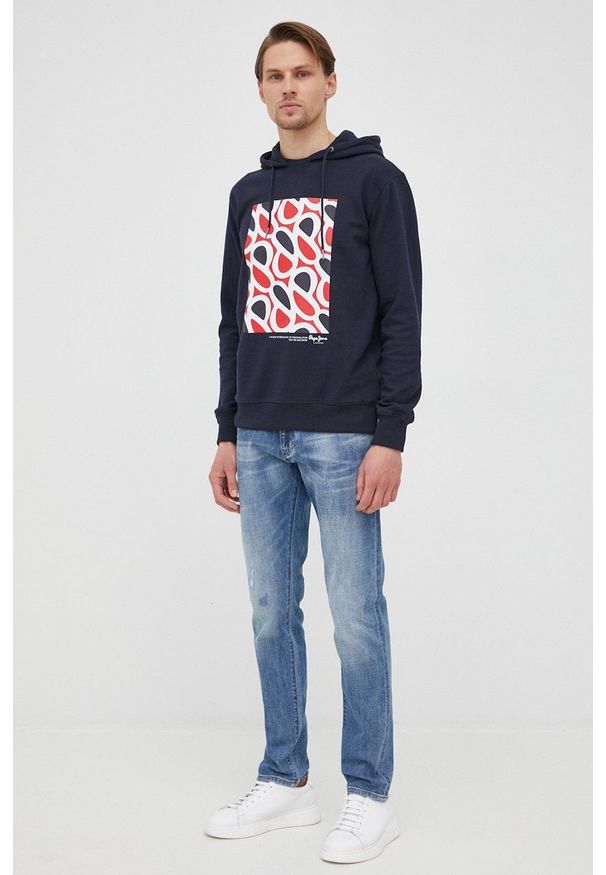 Pepe Jeans bluza bawełniana DARDANUS męska kolor granatowy z kapturem z nadrukiem. Typ kołnierza: kaptur. Kolor: niebieski. Materiał: bawełna. Wzór: nadruk