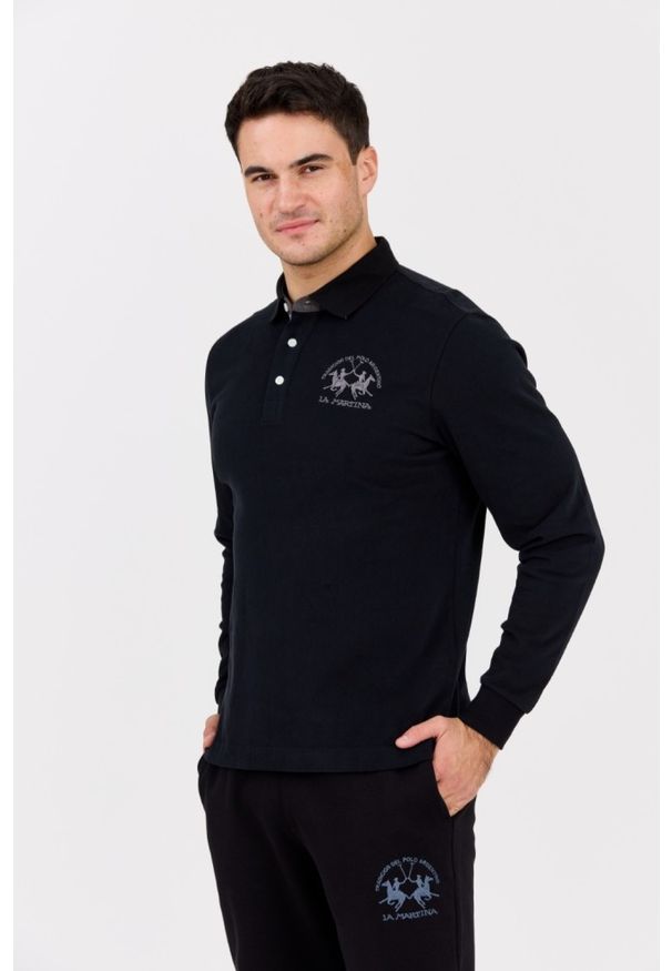 La Martina - LA MARTINA Czarny męski longsleeve polo HEAVY JERSEY, Rozmiar L. Typ kołnierza: polo. Kolor: czarny. Materiał: jersey. Długość rękawa: długi rękaw. Długość: długie. Styl: klasyczny