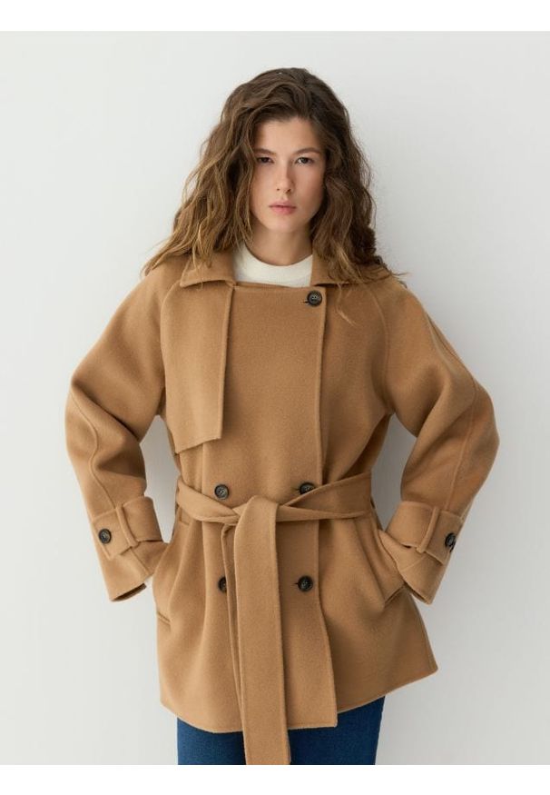 Reserved - Wełniany płaszcz handmade - brązowy. Kolor: brązowy. Materiał: wełna