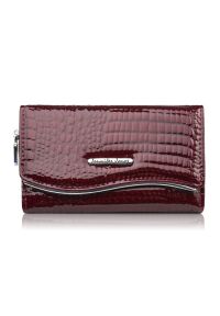 PAOLO PERUZZI - Portfel damski skórzany lakierowany z tłoczeniem croco burgundowy SP-24-CBGD. Kolor: czerwony. Materiał: skóra #1