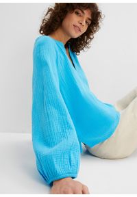 bonprix - Bluzka muślinowa oversize. Typ kołnierza: dekolt w serek. Kolor: niebieski. Materiał: bawełna. Sezon: lato #3