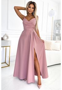 Numoco - Maxi Sukienka na Ramiączkach z Kopertowym Dekoltem - Brudny Róż. Kolor: różowy. Materiał: elastan, poliester. Długość rękawa: na ramiączkach. Typ sukienki: kopertowe. Długość: maxi