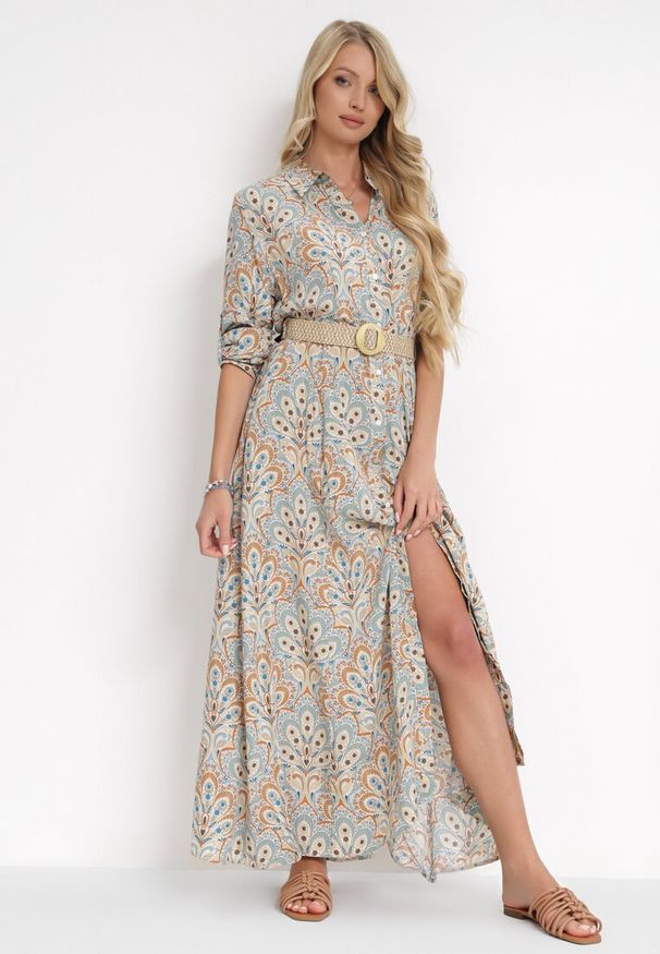 Born2be - Jasnoniebieska Sukienka z Guzikami i Plecionym Paskiem z Klamrą Aralty. Kolor: niebieski. Długość rękawa: długi rękaw. Sezon: wiosna, lato. Typ sukienki: koszulowe