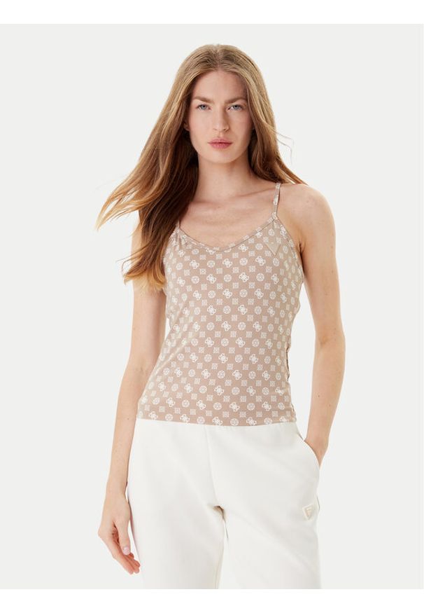 Guess Top V5YP11 MC03W Beżowy Slim Fit. Kolor: beżowy. Materiał: syntetyk