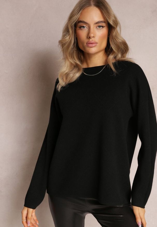Renee - Czarny Sweter o Luźnym Kroju Enian. Kolor: czarny. Materiał: dzianina, tkanina. Długość rękawa: długi rękaw. Długość: długie. Styl: klasyczny