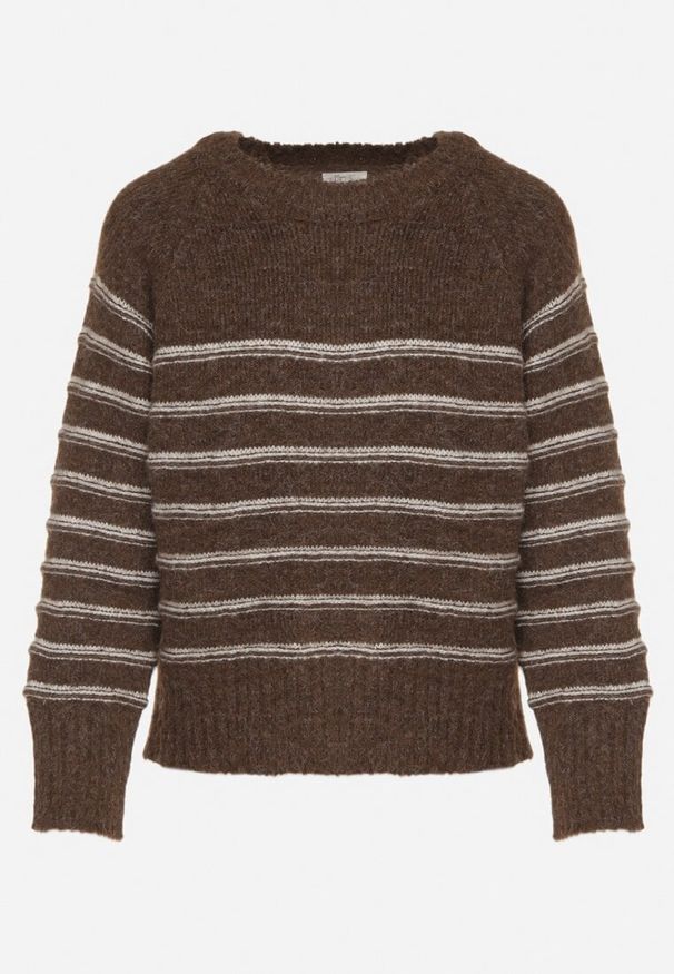 Born2be - Brązowy Sweter z Domieszką Wełny w Paski Lidavia. Okazja: na co dzień. Kolor: brązowy. Materiał: wełna. Wzór: paski. Styl: casual, klasyczny, elegancki