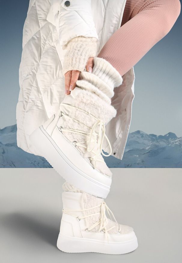 Born2be - Białe Sznurowane Śniegowce Vices na Grubej Podeszwie Ozdobione Futerkiem Nomizola. Okazja: na spacer. Zapięcie: sznurówki. Kolor: biały. Materiał: futro. Wzór: aplikacja. Sezon: zima