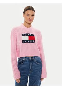 Tommy Jeans Sweter Center Flag DW0DW18528 Różowy Relaxed Fit. Kolor: różowy. Materiał: syntetyk