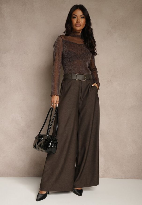 Renee - Brązowe Szerokie Garniturowe Spodnie z Bawełny High Waist Ozdobione Paskiem Tusneva. Okazja: na co dzień. Stan: podwyższony. Kolor: brązowy. Materiał: bawełna. Wzór: aplikacja. Styl: wizytowy, casual, elegancki