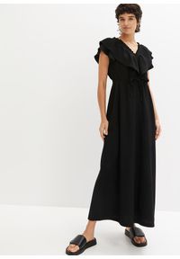 bonprix - Długa sukienka z falbaną. Kolor: czarny. Długość: maxi
